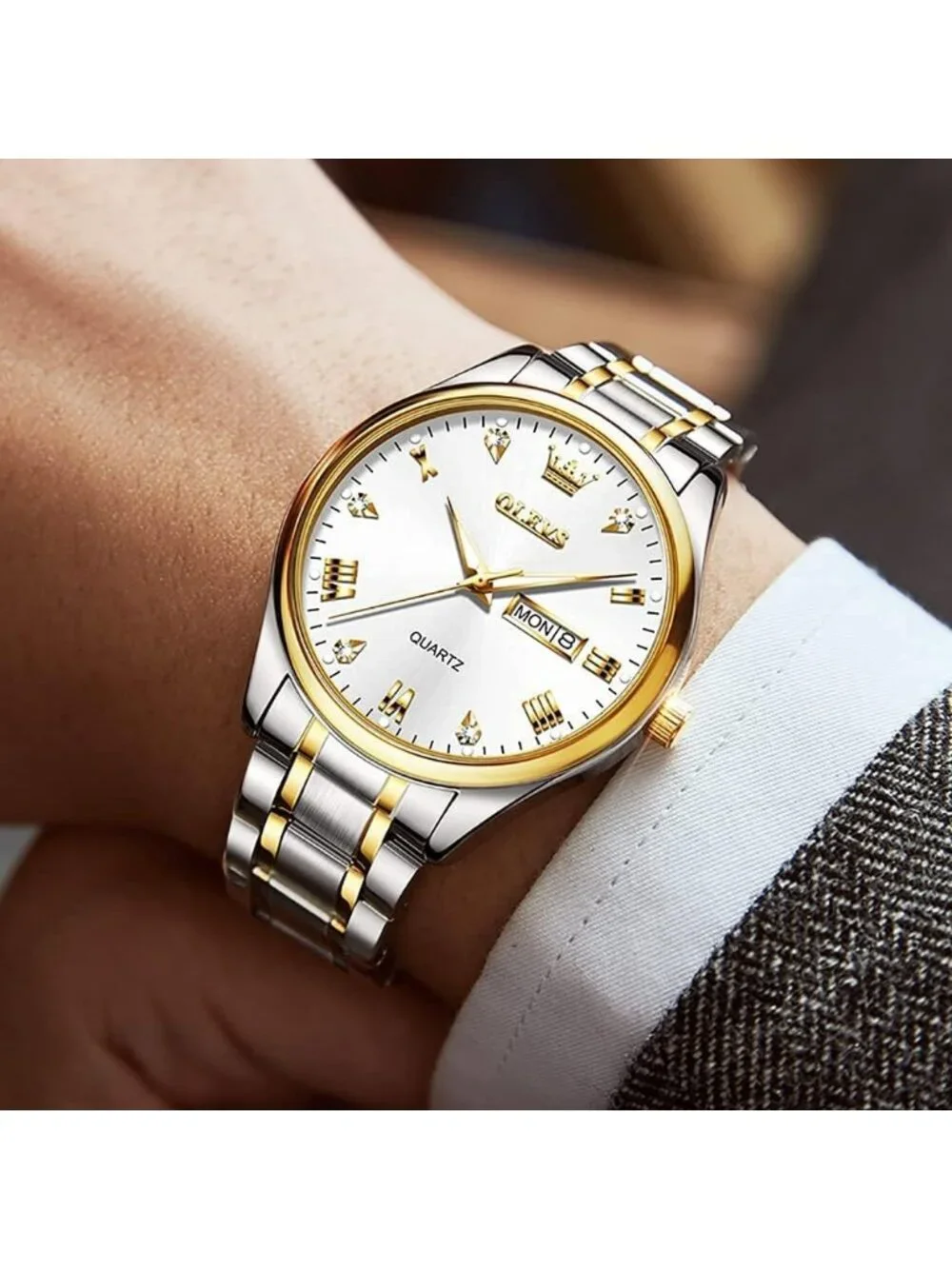 Olevs Men's Silver Gold Luxury Stainless Steel Big Analog Quartz Luminous Watch